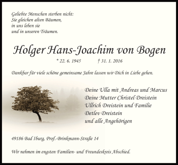 Traueranzeige von Holger Hans-Joachim von Bogen von Neue Osnabrücker Zeitung GmbH & Co. KG