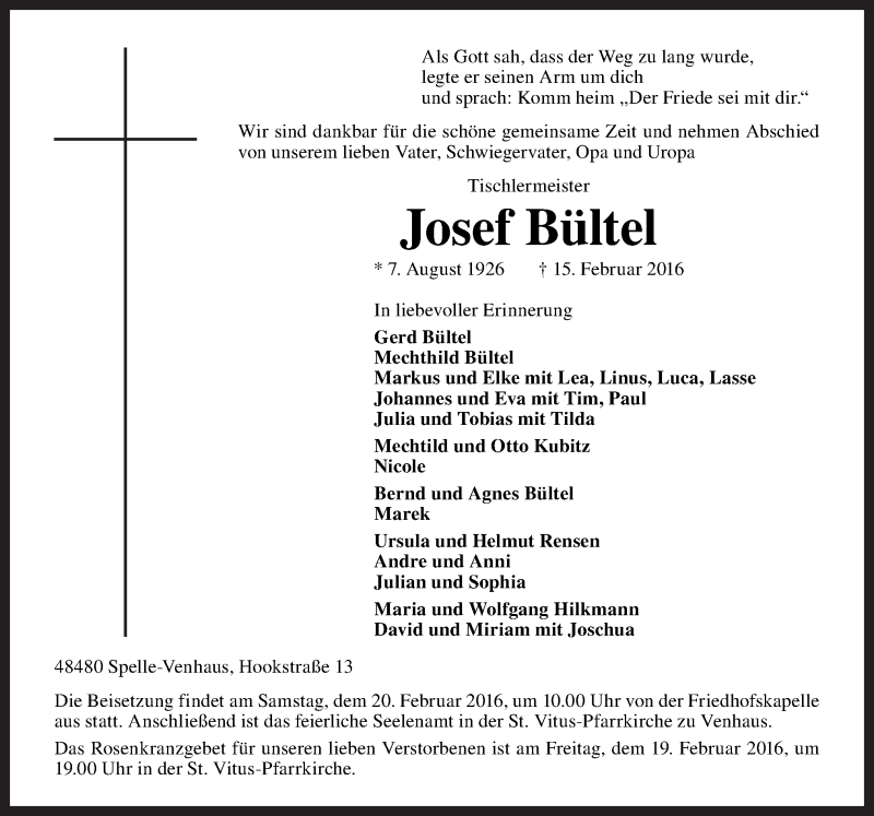  Traueranzeige für Josef Bültel vom 17.02.2016 aus Neue Osnabrücker Zeitung GmbH & Co. KG