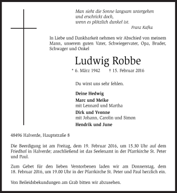 Traueranzeige von Ludwig Robbe von Neue Osnabrücker Zeitung GmbH & Co. KG