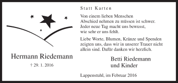 Traueranzeige von Hermann Riedemann von Neue Osnabrücker Zeitung GmbH & Co. KG
