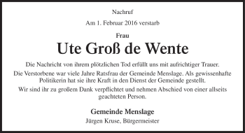Traueranzeige von Ute  Groß de Wente von Neue Osnabrücker Zeitung GmbH & Co. KG