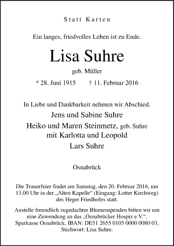 Traueranzeige von Lisa Suhre von Neue Osnabrücker Zeitung GmbH & Co. KG