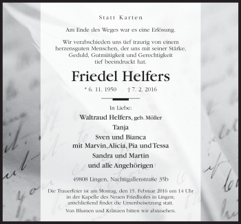 Traueranzeige von Friedel Helfers von Neue Osnabrücker Zeitung GmbH & Co. KG