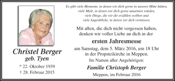 Traueranzeige von Christel Berger von Neue Osnabrücker Zeitung GmbH & Co. KG