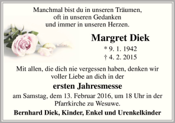 Traueranzeige von Margret Diek von Neue Osnabrücker Zeitung GmbH & Co. KG