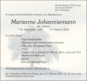 Traueranzeige von Marianne Johanniemann von Neue Osnabrücker Zeitung GmbH & Co. KG