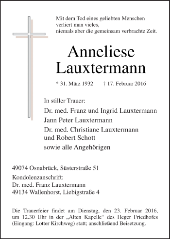 Traueranzeige von Anneliese Lauxtermann von Neue Osnabrücker Zeitung GmbH & Co. KG