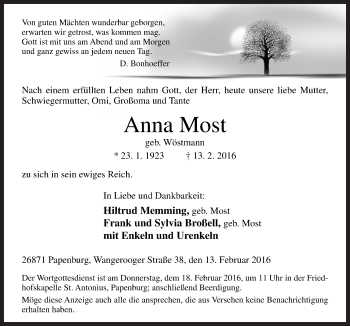 Traueranzeige von Anna Most von Neue Osnabrücker Zeitung GmbH & Co. KG