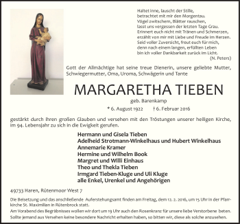 Traueranzeige von Margaretha Tieben von Neue Osnabrücker Zeitung GmbH & Co. KG