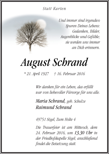 Traueranzeige von August Schrand von Neue Osnabrücker Zeitung GmbH & Co. KG
