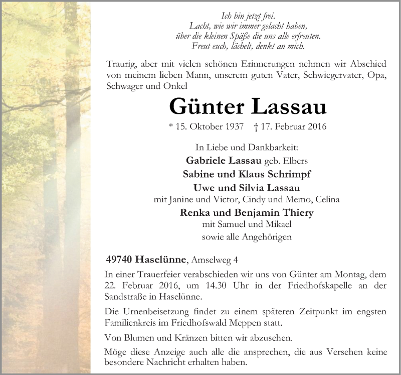  Traueranzeige für Günter Lassau vom 20.02.2016 aus Neue Osnabrücker Zeitung GmbH & Co. KG
