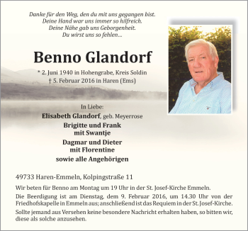 Traueranzeige von Benno Glandorf von Neue Osnabrücker Zeitung GmbH & Co. KG
