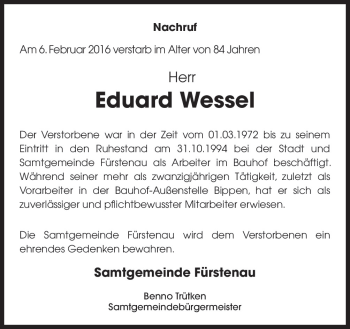 Traueranzeige von Eduard Wessel von Neue Osnabrücker Zeitung GmbH & Co. KG