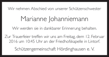 Traueranzeige von Marianne Johanniemann von Neue Osnabrücker Zeitung GmbH & Co. KG