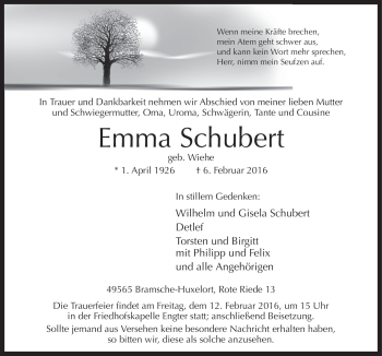 Traueranzeige von Emma Schubert von Neue Osnabrücker Zeitung GmbH & Co. KG