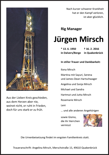Traueranzeige von Jürgen Mirsch von Neue Osnabrücker Zeitung GmbH & Co. KG