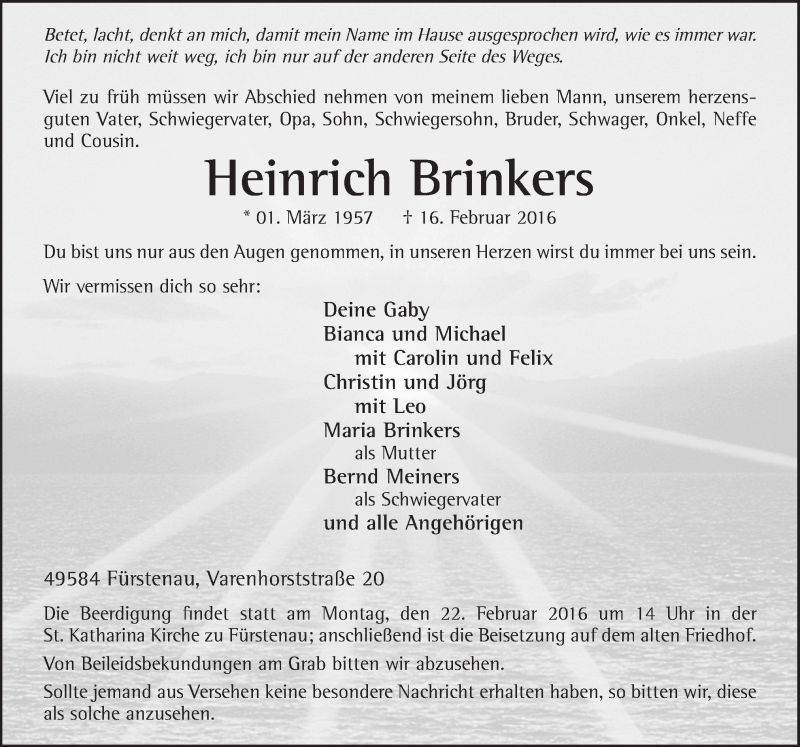  Traueranzeige für Heinrich Brinkers vom 19.02.2016 aus Neue Osnabrücker Zeitung GmbH & Co. KG