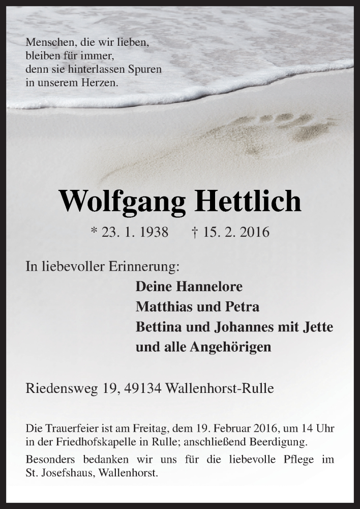 Traueranzeige für Wolfgang Hettlich vom 17.02.2016 aus Neue Osnabrücker Zeitung GmbH & Co. KG