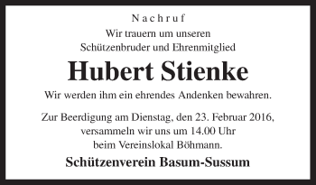 Traueranzeige von Hubert Stienke von Neue Osnabrücker Zeitung GmbH & Co. KG