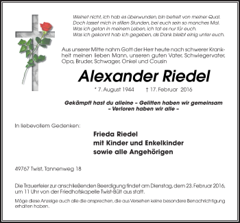 Traueranzeige von Alexander Riedel von Neue Osnabrücker Zeitung GmbH & Co. KG