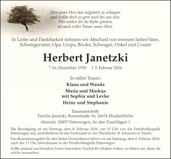 Traueranzeige von Herbert Janetzki von Neue Osnabrücker Zeitung GmbH & Co. KG