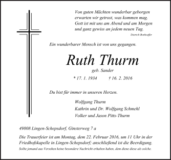 Traueranzeige von Ruth Thurm von Neue Osnabrücker Zeitung GmbH & Co. KG