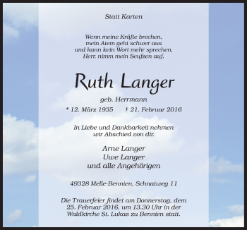 Traueranzeige von Ruth Langer von Neue Osnabrücker Zeitung GmbH & Co. KG