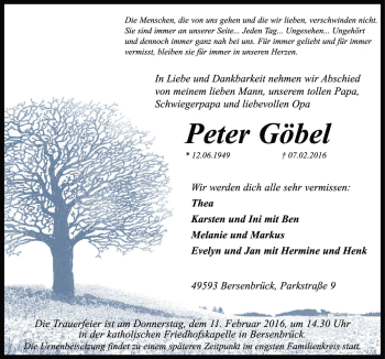 Traueranzeige von Peter Göbel von Neue Osnabrücker Zeitung GmbH & Co. KG