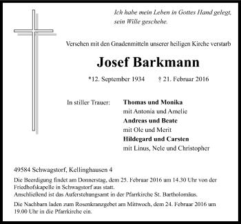 Traueranzeige von Josef Barkmann von Neue Osnabrücker Zeitung GmbH & Co. KG