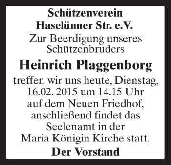 Traueranzeige von Heinrich Plaggenborg von Neue Osnabrücker Zeitung GmbH & Co. KG