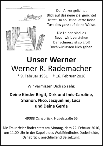 Traueranzeige von Werner R. Rademacher von Neue Osnabrücker Zeitung GmbH & Co. KG
