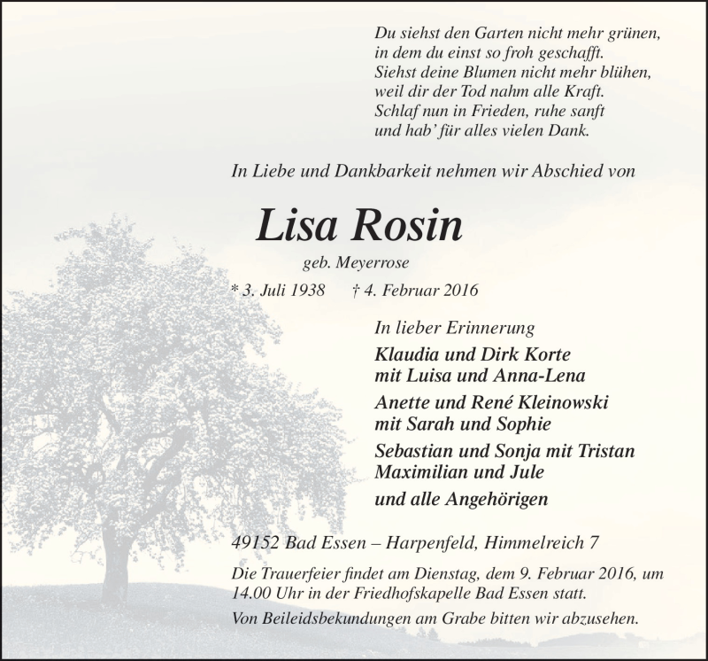  Traueranzeige für Lisa Rosin vom 06.02.2016 aus Neue Osnabrücker Zeitung GmbH & Co. KG