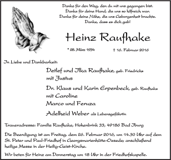 Traueranzeige von Heinz Raufhake von Neue Osnabrücker Zeitung GmbH & Co. KG