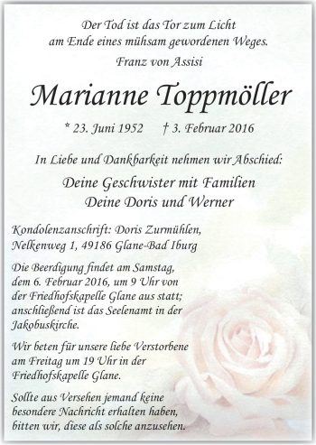 Traueranzeige von Marianne Toppmöller von Neue Osnabrücker Zeitung GmbH & Co. KG