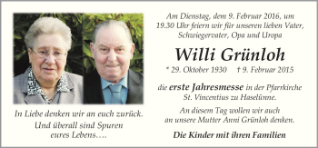 Traueranzeige von Willi Grünloh von Neue Osnabrücker Zeitung GmbH & Co. KG