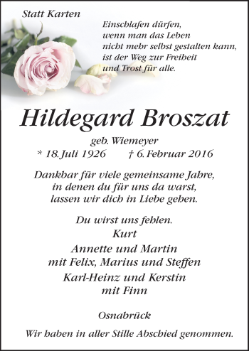 Traueranzeige von Hildegard Broszat von Neue Osnabrücker Zeitung GmbH & Co. KG