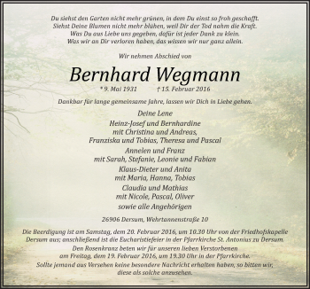 Traueranzeige von Bernhard Wegmann von Neue Osnabrücker Zeitung GmbH & Co. KG
