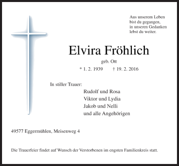 Traueranzeige von Elvira Fröhlich von Neue Osnabrücker Zeitung GmbH & Co. KG