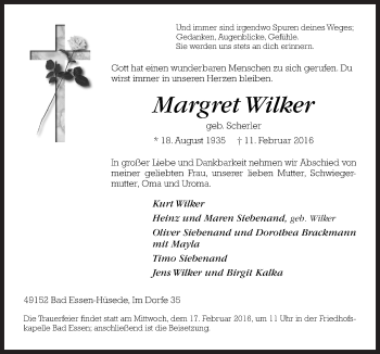 Traueranzeige von Margret Wilker von Neue Osnabrücker Zeitung GmbH & Co. KG