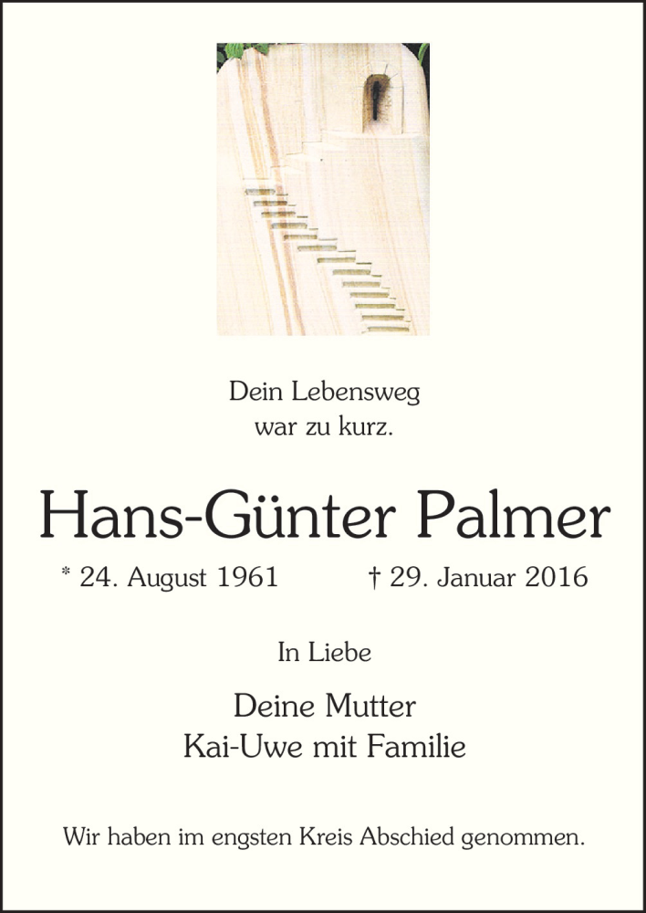  Traueranzeige für Hans-Günter Palmer vom 04.02.2016 aus Neue Osnabrücker Zeitung GmbH & Co. KG