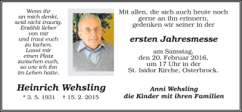 Traueranzeige von Heinrich Wehsling von Neue Osnabrücker Zeitung GmbH & Co. KG