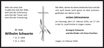 Traueranzeige von Wilhelm Schwarte von Neue Osnabrücker Zeitung GmbH & Co. KG