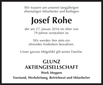 Traueranzeige von Josef Rohe von Neue Osnabrücker Zeitung GmbH & Co. KG