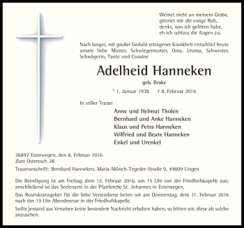 Traueranzeige von Adelheid Hanneken von Neue Osnabrücker Zeitung GmbH & Co. KG