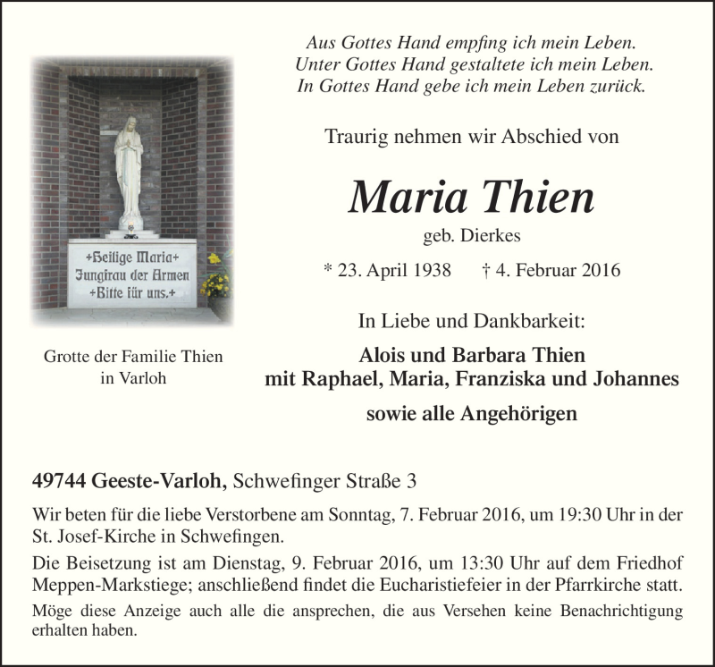  Traueranzeige für Maria Thien vom 06.02.2016 aus Neue Osnabrücker Zeitung GmbH & Co. KG