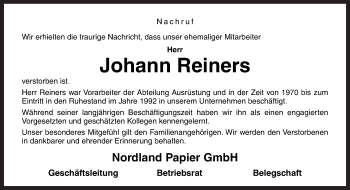 Traueranzeige von Johann Reiners von Neue Osnabrücker Zeitung GmbH & Co. KG