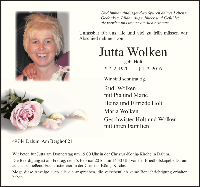  Traueranzeige für Jutta Wolken vom 03.02.2016 aus Neue Osnabrücker Zeitung GmbH & Co. KG