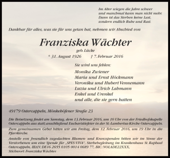 Traueranzeige von Franzsika Wächter von Neue Osnabrücker Zeitung GmbH & Co. KG