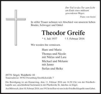 Traueranzeige von Theodor Greife von Neue Osnabrücker Zeitung GmbH & Co. KG