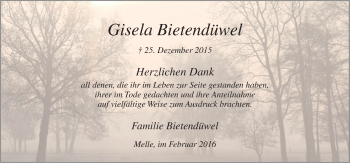 Traueranzeige von Gisela Bietendüwel von Neue Osnabrücker Zeitung GmbH & Co. KG